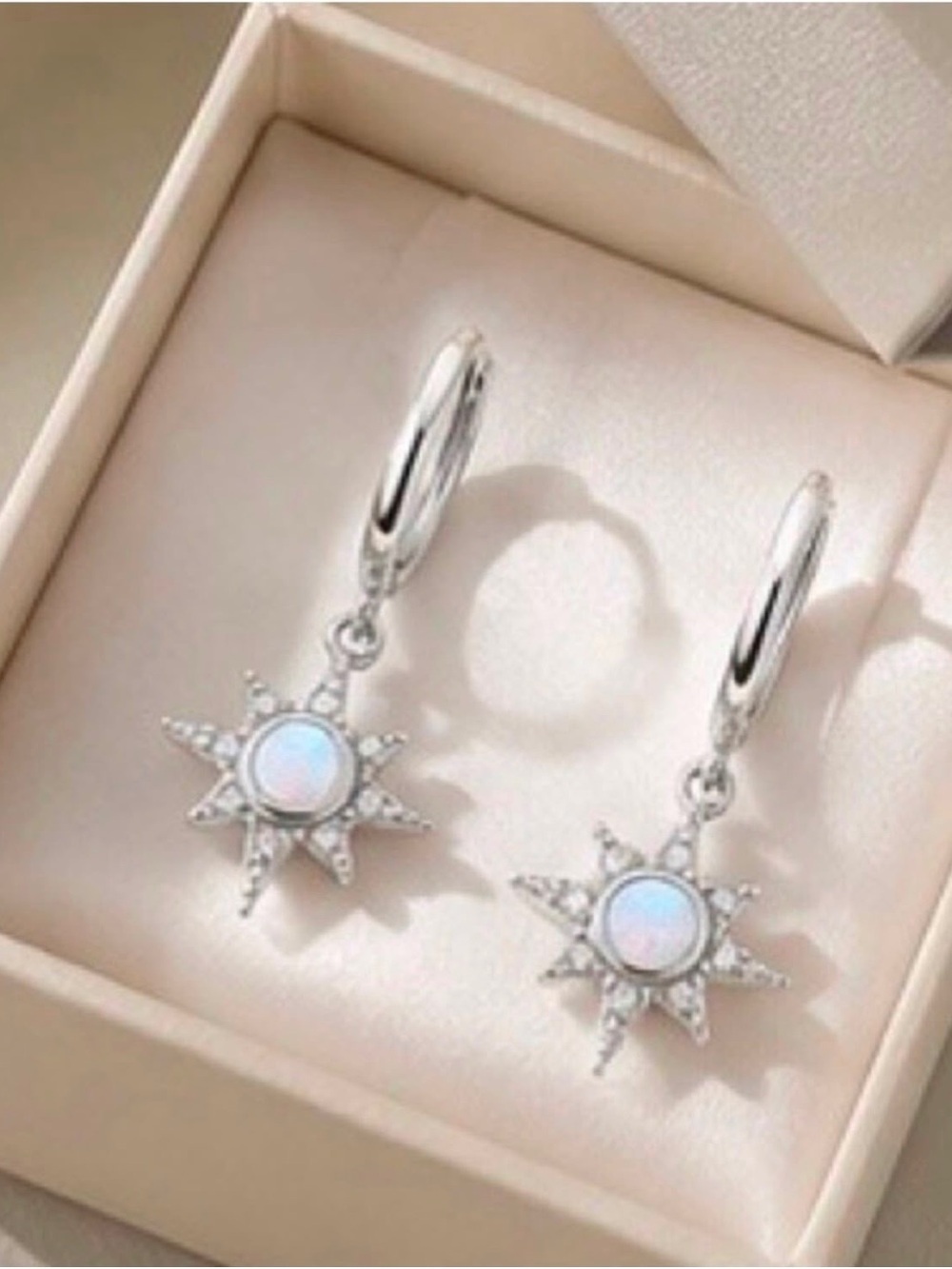 Sterling Silver Opal Starburst Hoop Earrings - Picture 3 of 3